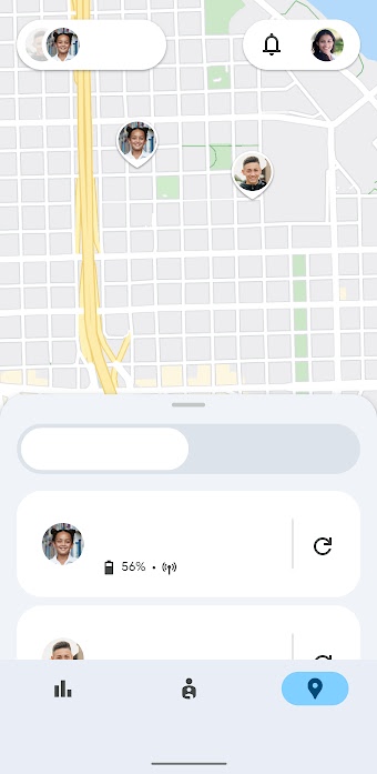 Family Link UI highlights location pins of family members on Google Maps.