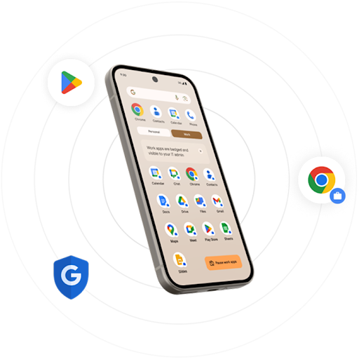 Android 홈 화면에 다양한 Google 앱이 표시되어 있습니다. 다른 Google 앱 3개가 휴대전화 주변에 흩어져 있습니다.