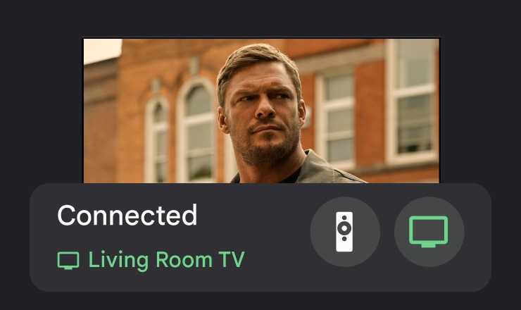 A notification on the screen indicating the Google TV Streamer Voice Remote is connected to the living room TV.