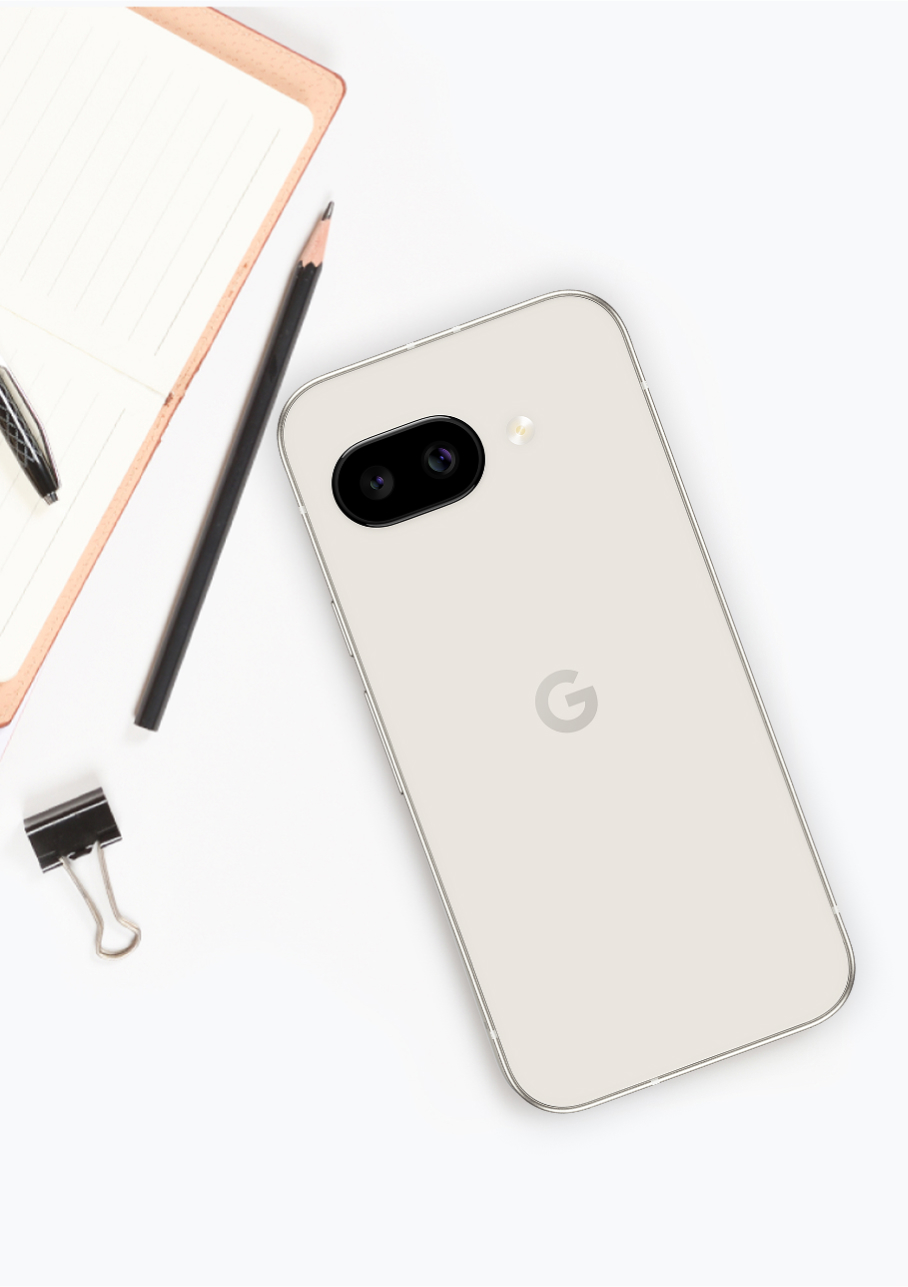 A Google Pixel 9a next to a pencil, notepad, and binder clip.