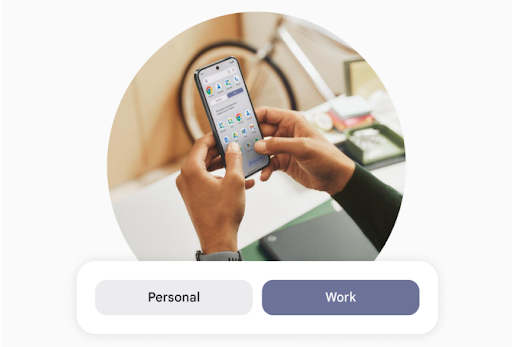 A circular frame shows  hands holding a cell phone inside an office with a bike in the background. The phone screen shows numerous apps. Below is an interface with two buttons that say ‘Personal’ and ‘Work’ are at the bottom.