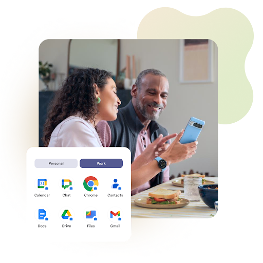 A man and a woman sitting at a table look at a smartphone, with an overlay showing app icons separated into "Personal" and "Work" categories. The "Work" tab is currently selected, displaying icons for Calendar, Chat, Chrome, Contacts, Docs, Drive, Files, and Gmail.
