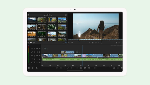 Tablet wyświetlający ekran edycji nagrania wideo z wycieczki w aplikacji Lumafusion.