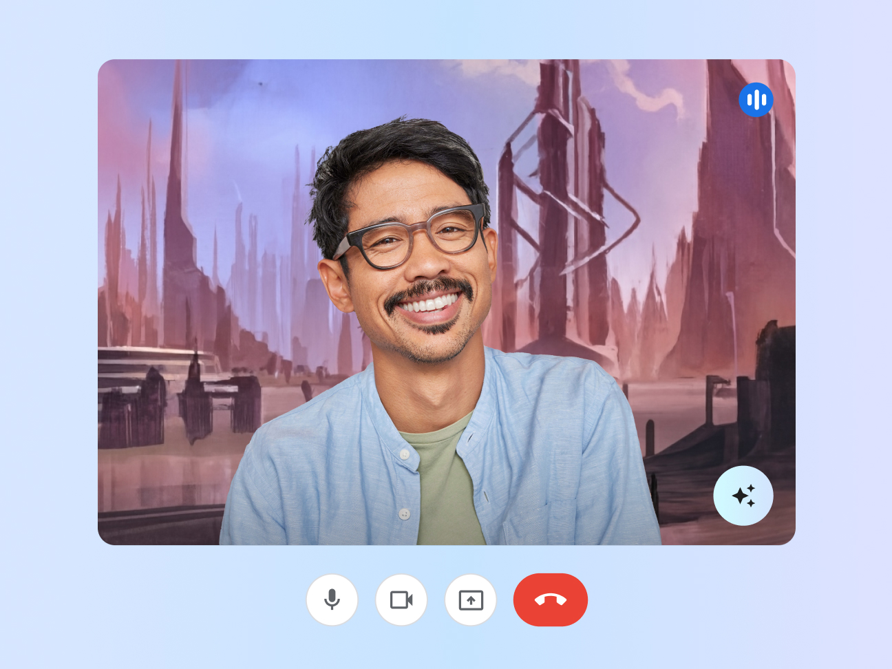 Sharp image of man smiling on a Google Meet call with Gemini's soft lighting feature applied.