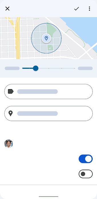 Family Link UI shows notification alert settings being toggled for when a family member arrives or leaves a location.
