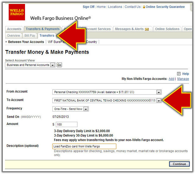 Transfer from Wells Fargo Online to Prepaid Card