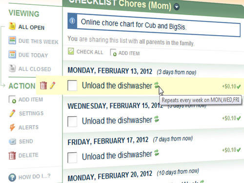 Upcoming Chores on a FamZoo Online Chore Chart