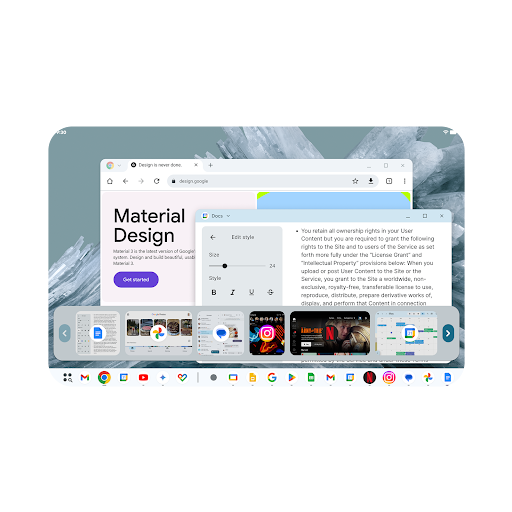 An expanded taskbar window appears above a full taskbar at the bottom of a tablet screen. This expanded taskbar is showing images and icons of additional open apps.