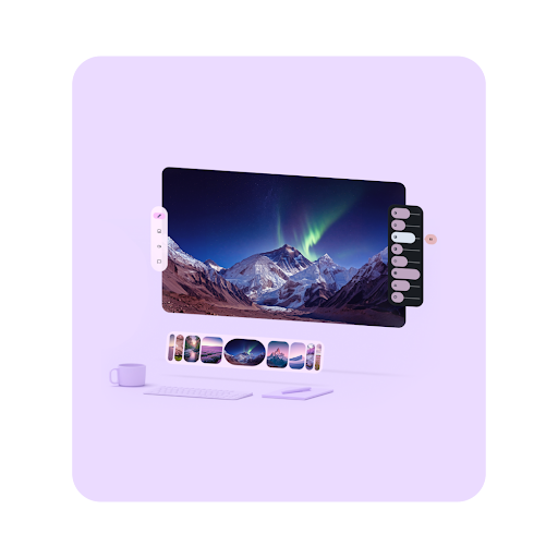 An XR Headset screen projected over a stylized environment suggesting a desk. There is a keyboard, a coffee mug, a pad of paper, and a pen on the desk surface. On the screen there is a full-screen photo of a mountainous landscape with the aurora borealis in the sky. There are generic interface buttons on the left and right of the screen. There is swipe bar of other images across the bottom of the screen.