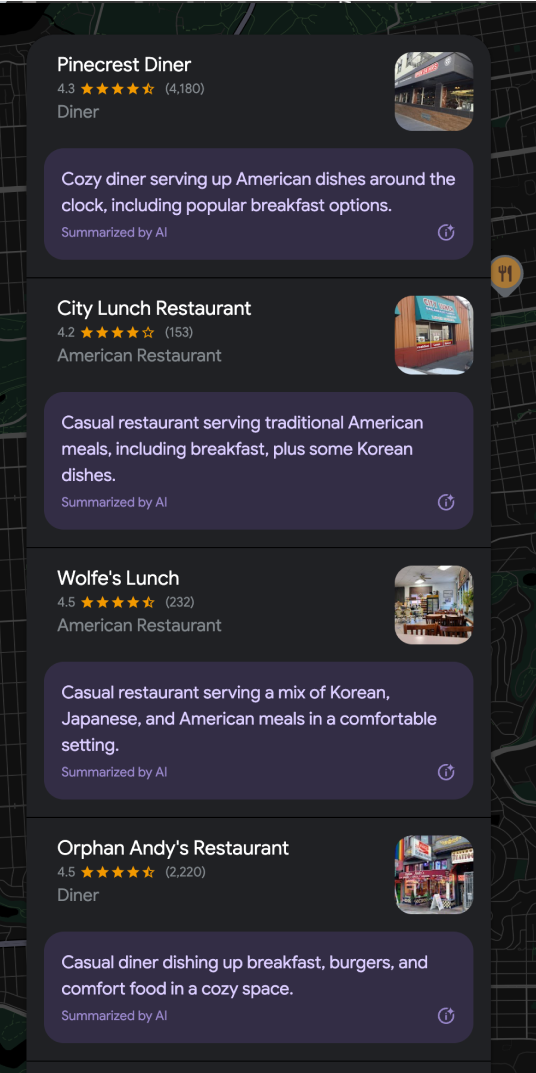 List of restaurants with AI summary of each one