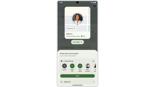 A user is sharing their live location for one hour with trusted contacts using Google’s Find My Device on an Android phone.